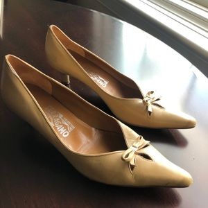 Beige kitten heel Ferragamo pumps